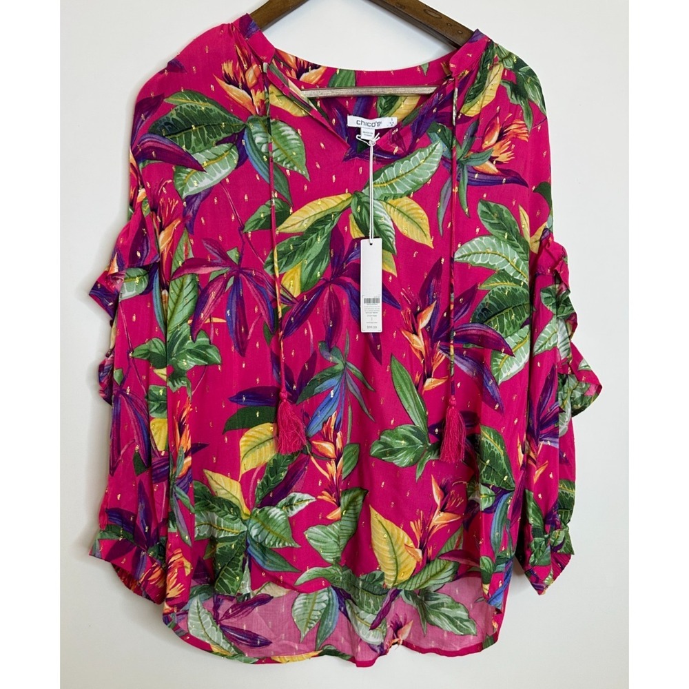 NEW Chico's Double Ruffle Sleeve Vivid Botanical Blouse Tasseled Top Size 1 US 8 - Picture 8 of 11